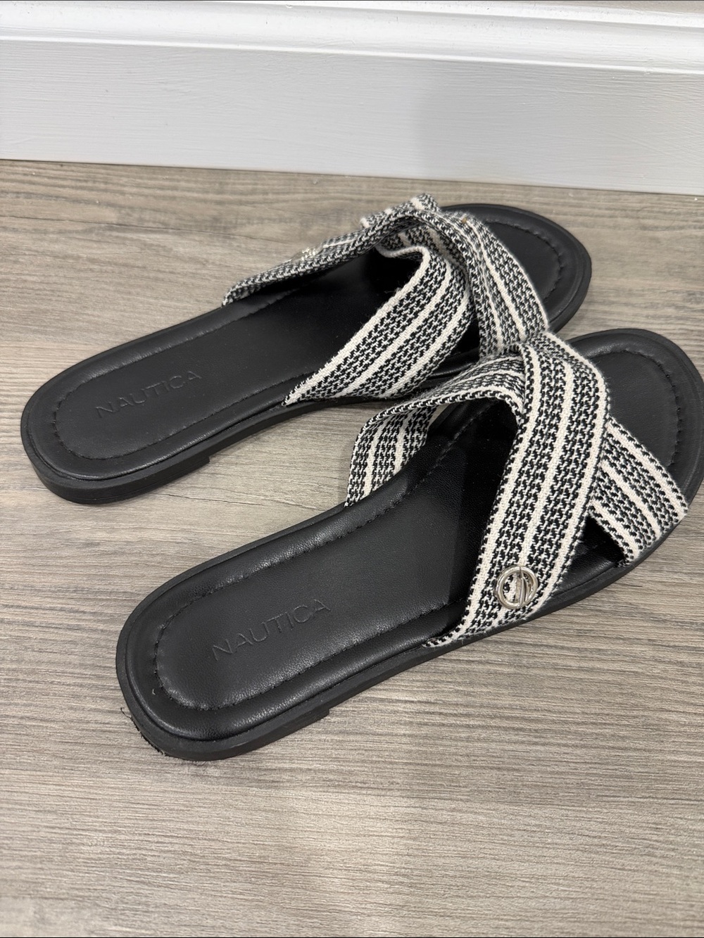 Nautica Striped Black and White Crossband Slide Sandals